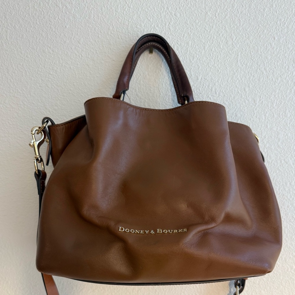 Dooney & Bourke Pebble Grain Satchel Bag in Smooth Brown Leather, Gold Accents